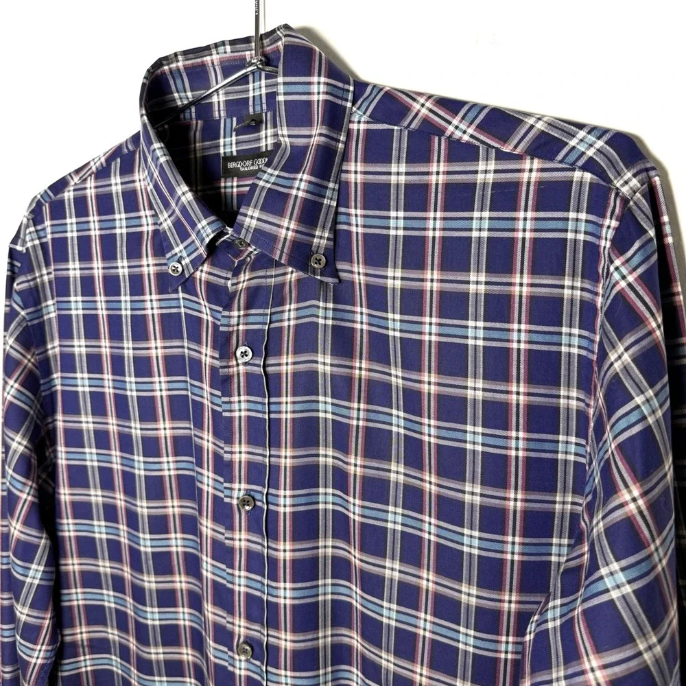 Bergdorf Goodman Tailored Fit Plaid Dress Shirt Mens Size M Made in Italy Cotton